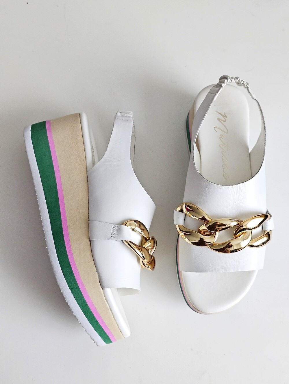Matisse Natalia White Leather Platform Sandals Gold Chain Colorblock Size 6M